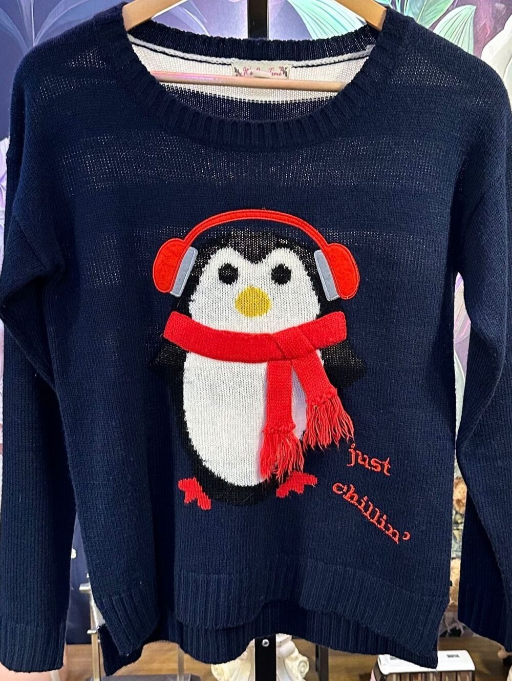 It's Our Time Size S Penguin Sweater Navy Stripe Christmas Winter Novelty